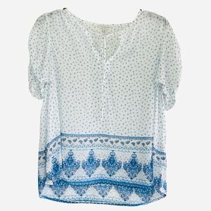 Lucky Brand Blue and White Floral short sleeve Peasant Top size L